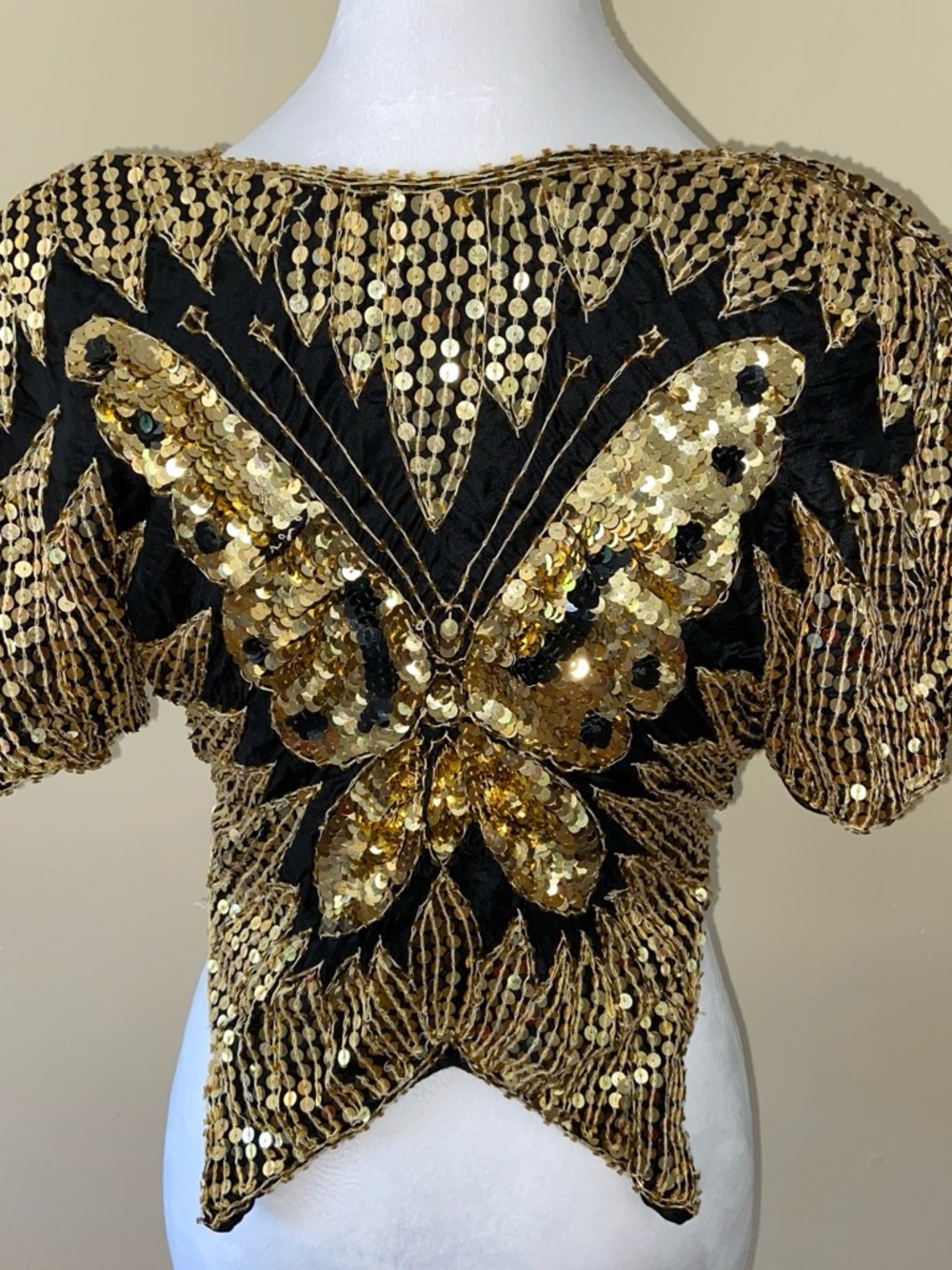 Embellished Butterfly Sequin Top - Black & Gold
